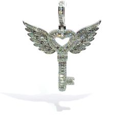 Ladies Sterling Silver Moissanite Heart Shaped Winged Key Pendant 11054014