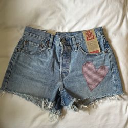 Levi's 501 150th Frayed High Rise Gingham Heart Denim Blue Shorts Women's Sz 27