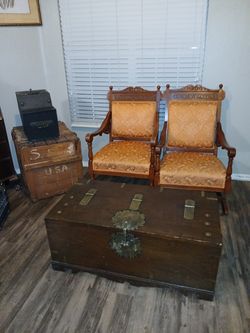 Antique platform rocking and arm chair orange tapestry