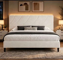 Queen Bed Frame with Adjustable Headboard,White
Linen Fabric,pholstered Platform Bed, Spiral Shell Texture Tufted,6" Under‑Bed Storage, No Box Spring