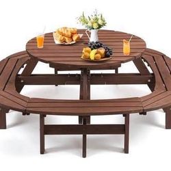 Assembled New Wood Picnic Table for 10-12 People Round Top w/ Umbrella Hole 4 Built-in Curved Benche