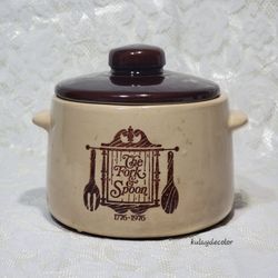 Vintage West Bend Stoneware Bean Pot Crock with Lid 1776–1976 Fork & Spoon