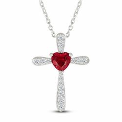 Heart-Shaped Lab-Created Ruby & White Lab-Created Sapphire Cross Necklace Sterling Silver