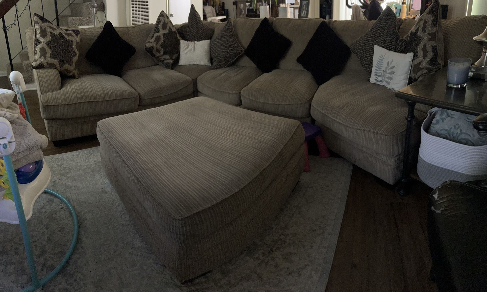 Ashley Furniture 4 Piece Sectional Beige / Tan Corduroy Couch with Storage Ottoman 12x8