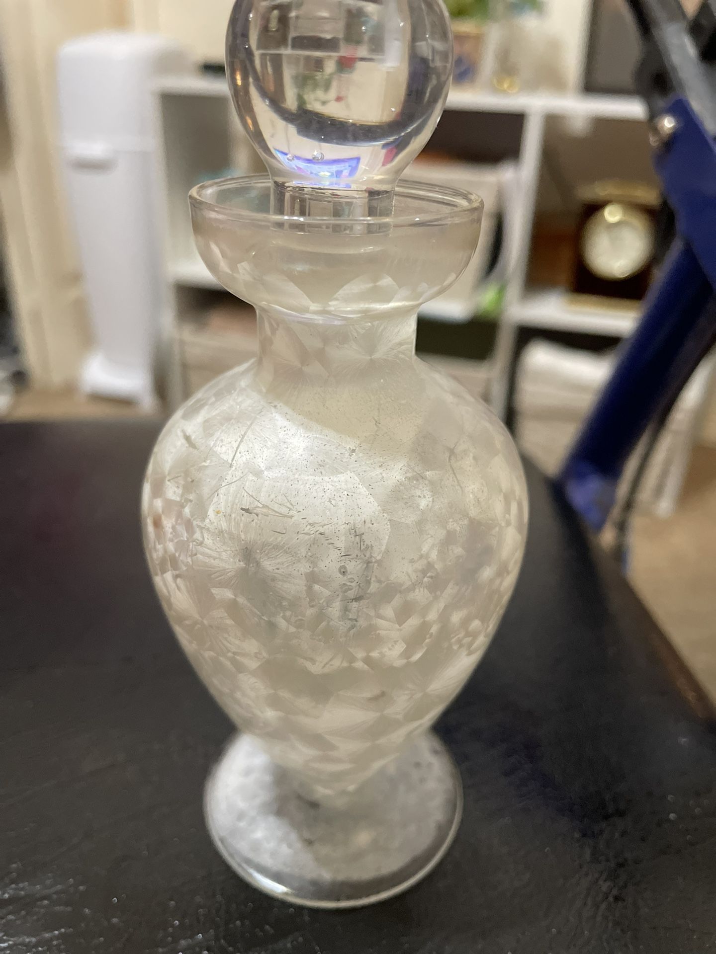 Crystalline glass perfume white decanter w/ stopper 6” tall new never used