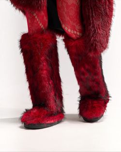 Azalea Wang Faramun Faux Fur Boots Red Multi Knee High Women's US 10 NEW