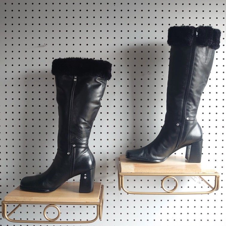 Westies Chunky Heel Block Leather, Fur And Rivet Rhinestone Winter Boots Black Size 8.5