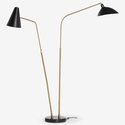 Oversized 75” Tall Solid Black Marble Base Dual Arm Light With Antique Brass Tubing Annika Floor Lamp, Change Heights and Directions