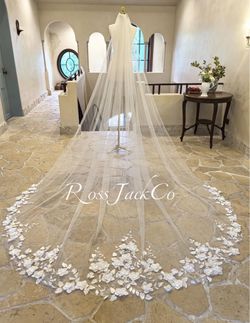 RossJackCo Cathedral Wedding Veil with 3D Floral Trim