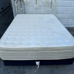 Light beige air Dream 13” plush pillow top queen size mattress $95, 9” box spring $50, French country wrought iron headboard $50, metal bed frame $50