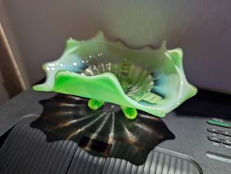 Vintage Uranium Glass Footed Bowl Vaseline Green UV Reactive Art Glass Dish