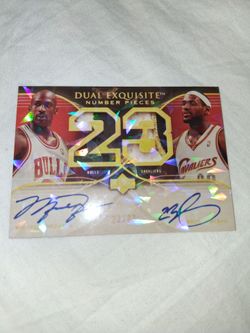 2007 Michael Jordan- LeBron James, Upper Deck Autograph Card # DEN - JJ Dual Exquisite 23/23 Number Pieces