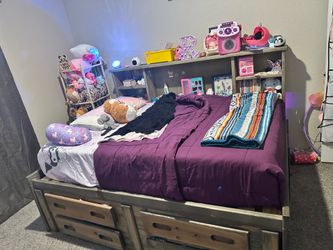 Full size bed frame with under storage, drawers and shelves