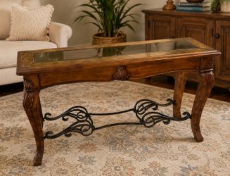 Beautiful Solid Wood Console Table w Glass Insert & Wrought Iron Scrollwork Traditional Tuscan