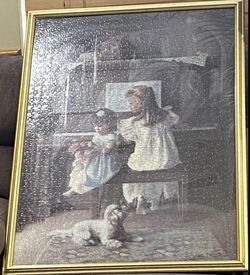 Pre Owned Two Little Girls Sitting At Piano With Puppy Watching Jigsaw Framed