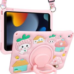 Kids iPad 10.2 Case Pink Strawberry Mushroom w Strap Stand iPad 7th 8th 9th