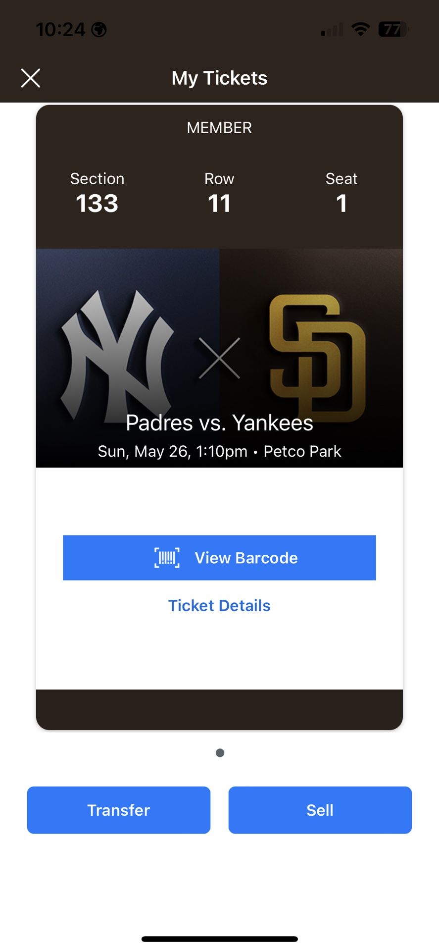 Padres Vs Yankees Sunday 1 Ticket Section 133
