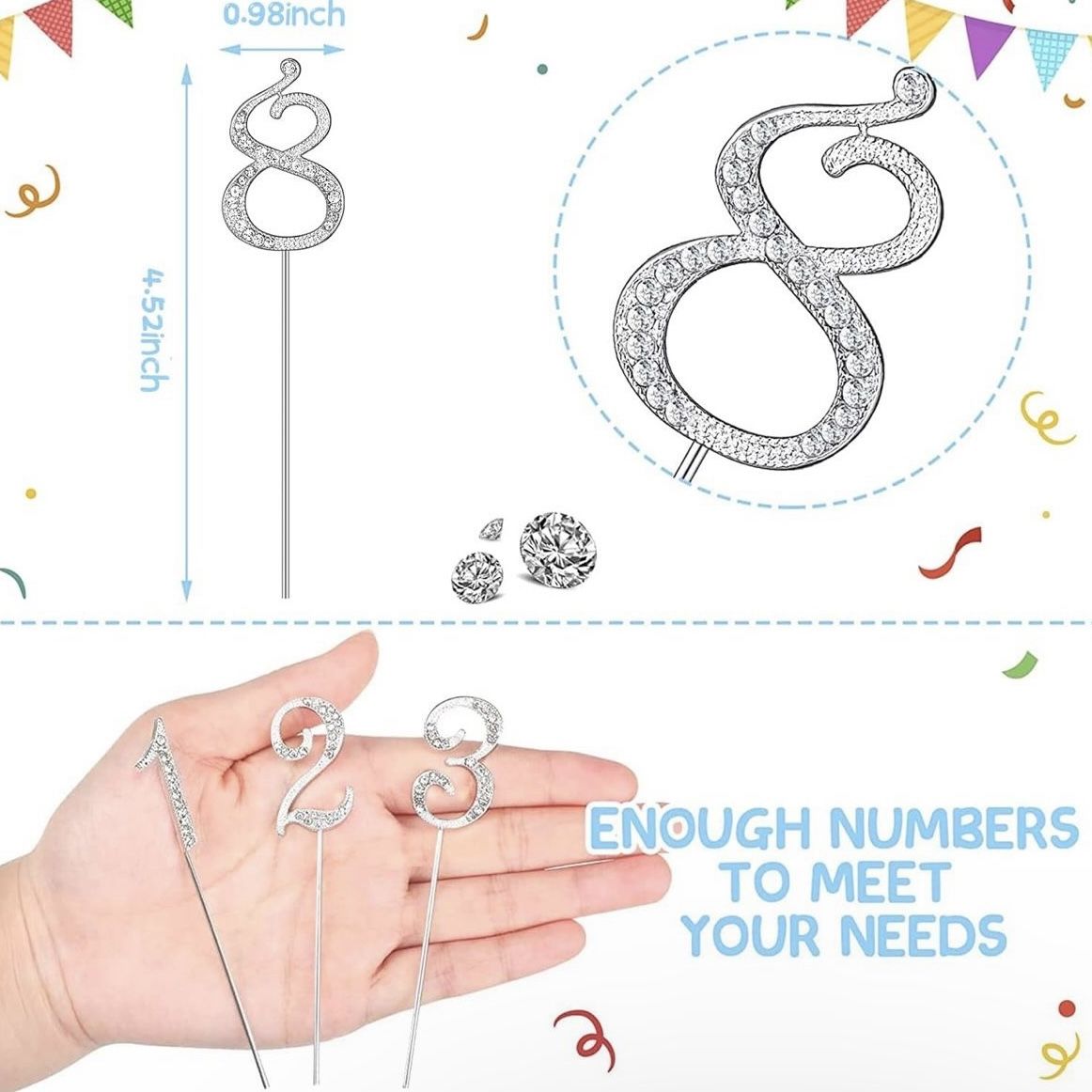 Silver Rhinestone Cake Toppers Numbers 0-9
