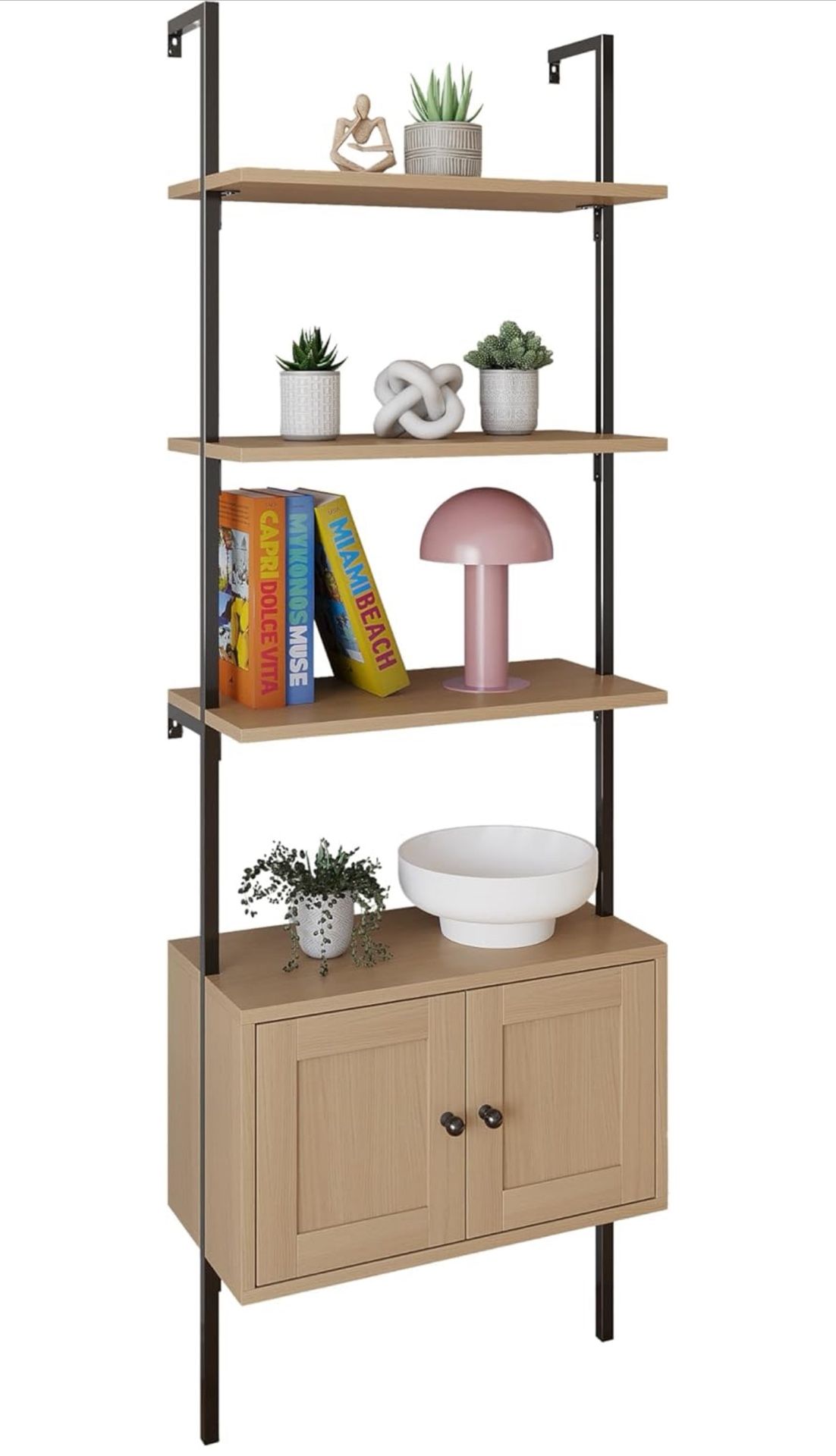 72” Wall-Mount Ladder Shelf w/ Storage Cabinet – Light Oak / Black Metal