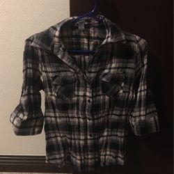 Black And Beige Plaid Button Down Collar Shirt - Size Small