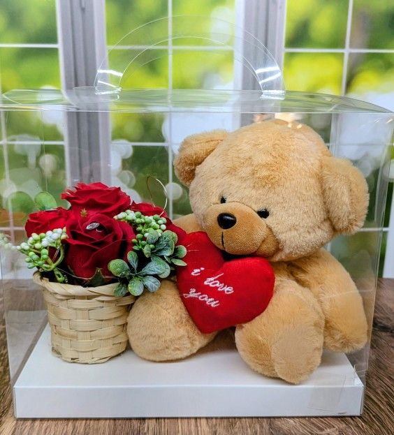 Brown Plush Teddy Bear I Love You + Red Rose Basket Romantic Gift