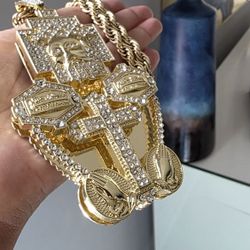 Huge Jesus 3D Combo Gold Finish Iced Flooded Out Pendant