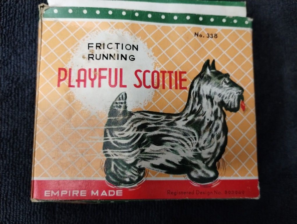 Vintage Playful Scottie dog plastic friction running toy, black, #338