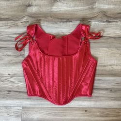 Red Satin Corset Tie Front Adjustable Lace-up Back Bustier Shapewear V-Shape Top