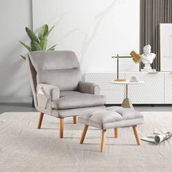 Grey Super Soft Accent Chair with Ottoman and Pocket , Set of 2