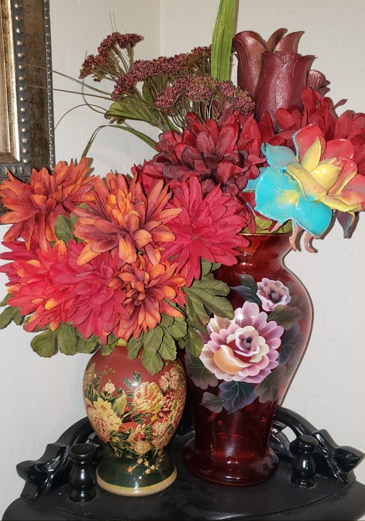 X2 VINTAGE HAND PAINTED ROSE FLOWER VASE FLORAL ARRANGEMENT BOUQUET ACCENT TABLE DECOR