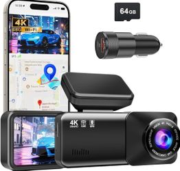 4K Dash Cam Front, Built-in 5.8G WiFi, Free 64GB Card & 48W A+C Car Charger Included, Dash Camera for Cars, Mini Dashcam with Super Night Vision, Loop