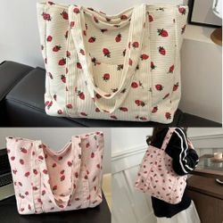 CORDUROY LARGE STRAWBERRY TOTE ZIPPER TOTE BAG SHOPPING