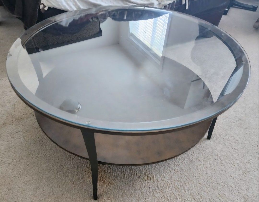 Coffee Table Round With Glass Top 31" Across Brown Copper Color Metal Structure, Indoor And Outdoor Use, Preowned.