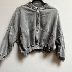 Zara Crew Neck Bomber Distressed Grey Zip Up Jacket Sz S