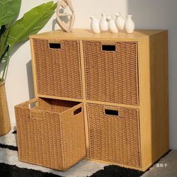The grid cabinet is in the style of square rattan baskets for storage. The sub-cabinet is designed to store miscellaneous items in imitation rattan ba