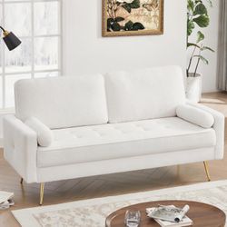 68" White Loveseat Sofa Couch, Mid Century Modern Teddy Fleece Couch with Hand-Tufted Deep Seat, 2 Pillow & Solid Wood Frame, Home Sofa Living Room Sm
