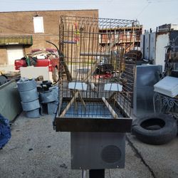 A Parrot Cage With Wooden Rods For Standing Sitting And Crawling Around With