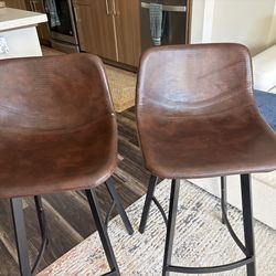 Pair of Brown Leather Bar Stools