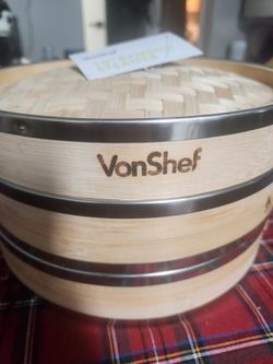 VonShef 10-Inch 2 Tier Bamboo Steamer with Stainless Steel Banding and 50 Wax Steamer Liners