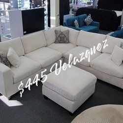 ✅️✅️️✅️4 pc ivory cordury fabric upholstered sectional sofa with ottoman✅️✅️3