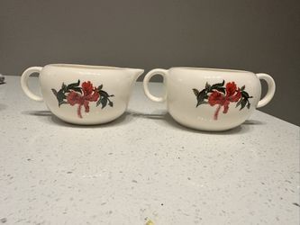 Vintage Crooks China “Flamingo” Creamer & Sugar Bowl – Discontinued Pattern – Red Hibiscus