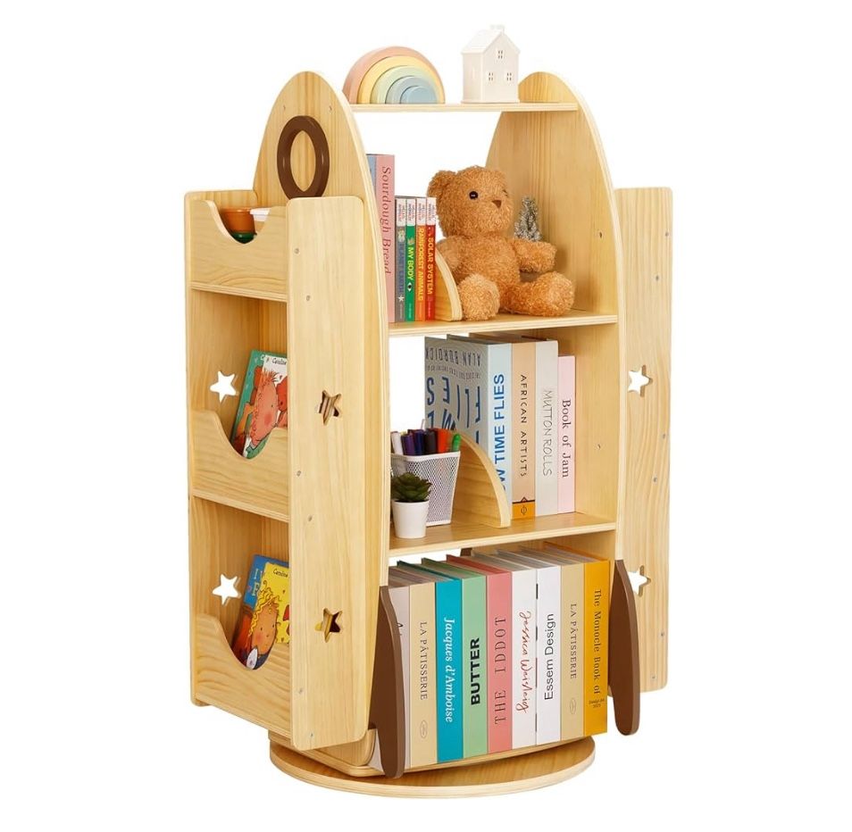 1029 Rocket Rotating Bookshelf for Kids, 360 Display Spinning Bookshelf Tower with Large Capacity Design, Montessori Toy Shelf for Kids Rooms, Classro