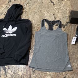 Like New Adidas black trefoil Hoodie Sweatshirt adult small $30, Women’s Small tank $10, New Adidas slides women’s size 6 $15 Or $50 For All 3