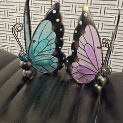 Butterfly Decoration, Metal and Glass Butterfly Ornament, Indoor and Outdoor blue and pink set