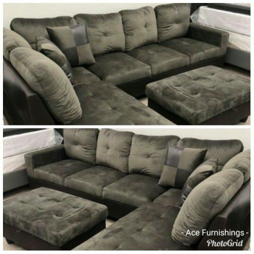 Brand New Charcoal Gray Microfiber Sectional With Storage Ottoman