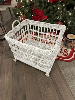 Beautiful Large White Wicker Toy Basket With Wheels
