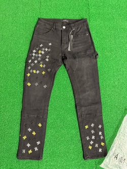 black and yellow embroidered denim jeans 