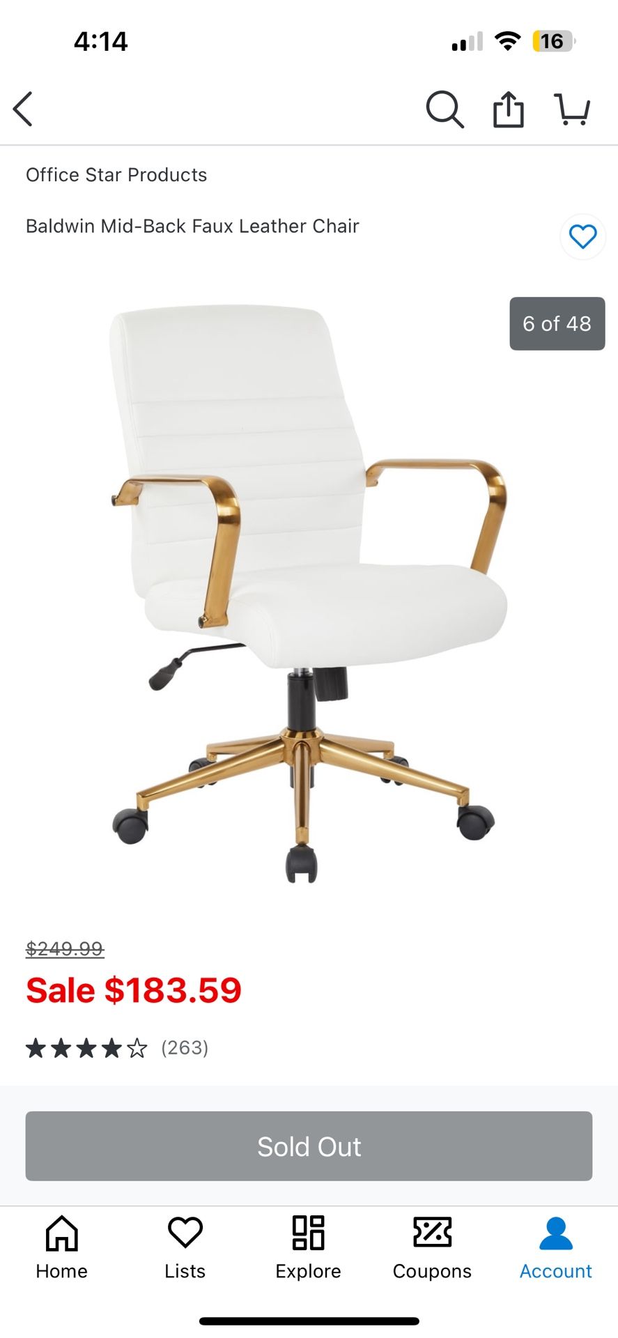 White Leather W/Gold Accents Rolling Desk Chair