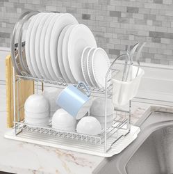 2-Tier Metal Dish Rack with Drainboard, Chrome for Kitchen