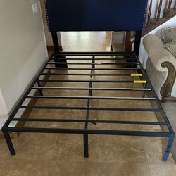 Sturdy Queen Bed Frame With Blue Headboard